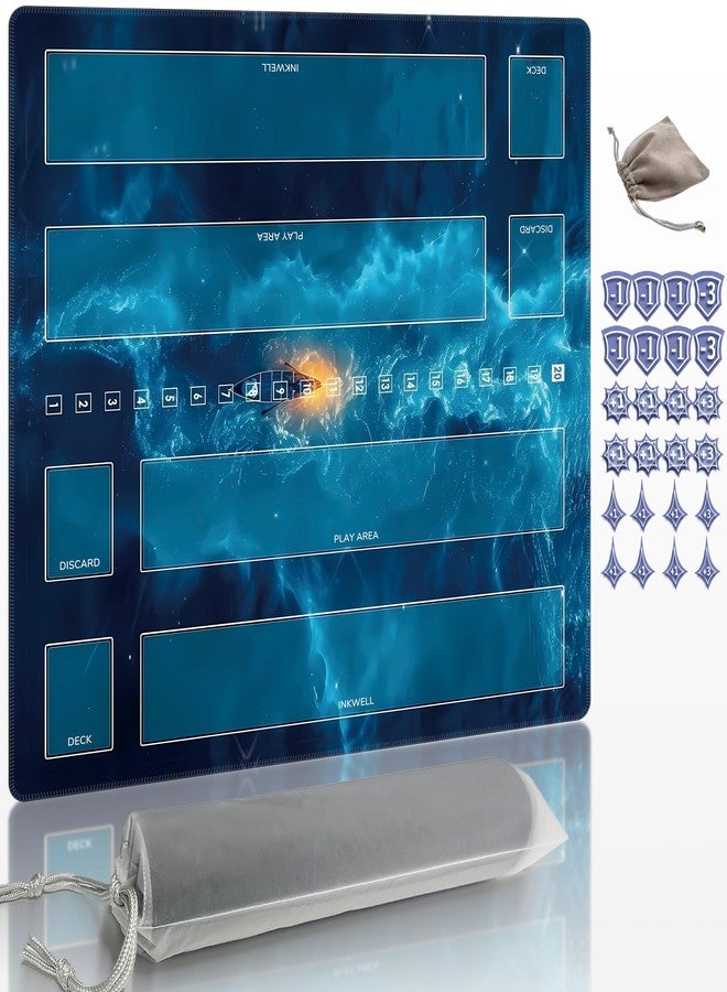 Extalas Playmat Compatible Lorcana with 2 Sets of Damage Counters & Professional Storage Bag, 24x24 Inches TCG Gaming Mat with Non-Slip Rubber and Zones for 2-Player (Blue) - Image 1